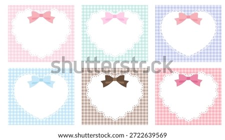 Vector illustration set of cute heart lace frames with ribbons. Gingham check
