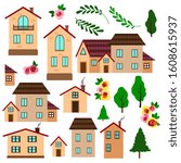 Vector illustration, set of cute houses, flowers and trees, bright bright colors, for design of leaflets, books, isolate on a white background