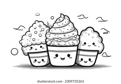 Vector Illustration, Set Illustration of Cute Ice Cream Character, lineart