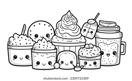 Ilustración vectorial, juego de caracteres de crema de hielo, lino