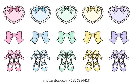 Vector illustration set of cute icons of heart cushions, ribbons and pointe shoes