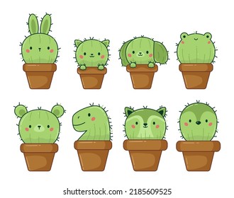 Ilustración vectorial de un lindo cactus kawaii en macetas de flores. Plantas de doodle de dibujos animados. Cactus en forma de animal.