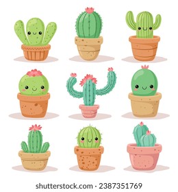 Vector illustration set of cute kawaii cactus.
