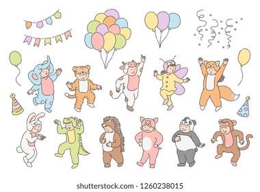 Vector illustration set of cute kids in festive animal suits with hot air balloons, party cone hats and flags isolated on white background - hand drawn design element of children holiday.