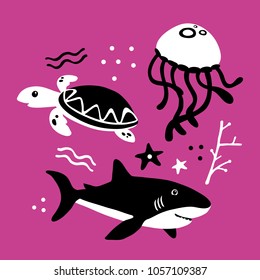 Vector illustration set of cute limited color aquatic animals