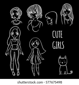 vector illustration set with cute line art girls on black background