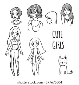 vector illustration set with cute line art girls on white background