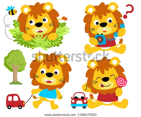 Vector\
illustration set of cute lions cartoon in\
activity