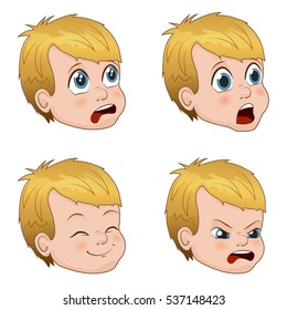 Vector Illustration set of cute little boy faces showing different emotions