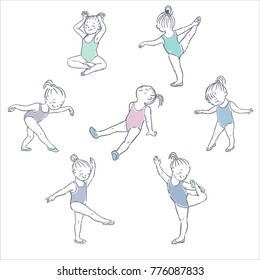 Vector illustration. Set of cute little ballerinas in different poses practising ballet dance. Isolated on white backgrond.