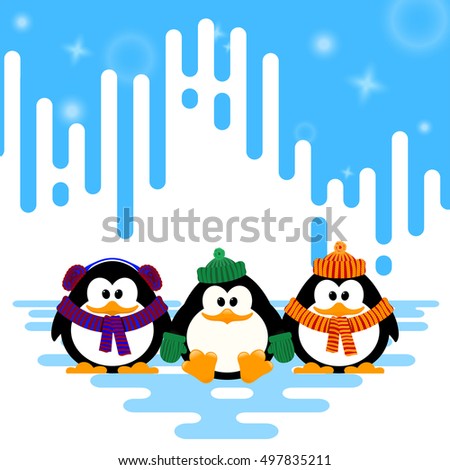 Vector illustration of a set cute little penguin in a knitted hat on winter abstract striped background.