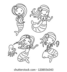 Vector illustration set of cute mermaid in various poses and friends