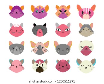 Vector illustration set of cute mice heads.Animals emotions.Facial expressions.