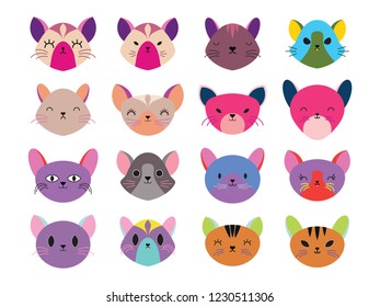 Vector illustration set of cute mice heads.Animals emotions.Facial expressions.