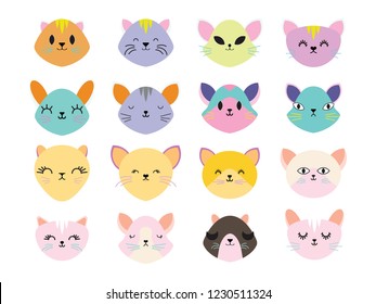 Vector illustration set of cute mice heads.Animals emotions.Facial expressions.