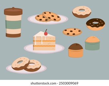 Vector illustration. Set of cute minimalistic sweets.