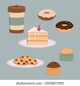 Ilustración vectorial. Conjunto de dulces minimalistas lindos.