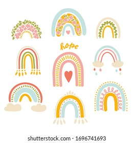 Vector illustration set, cute modern colourful rainbows on a white background 