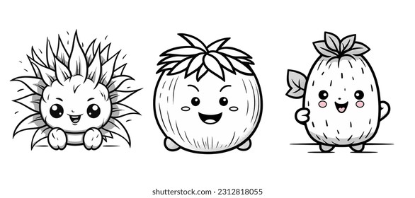 Ilustración vectorial, Set Illustration of Cute Monster Plants, lineart