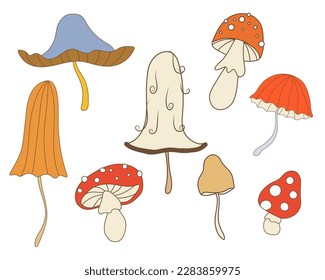 Vector illustration set of cute mushrooms in groovy style. Funny fly agarics and multicolor toadstools. Isolated retro elements with 70s vibes is perfect for stickers, prints, posters, flyers, gift