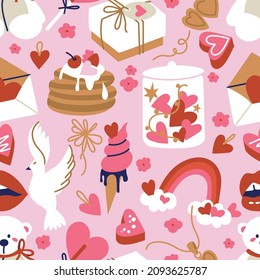 Vector illustration set of cute objects and icons for Valentine s Day. Seamless pattern.