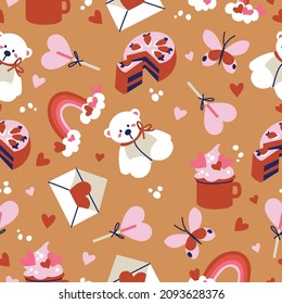 Vector illustration set of cute objects and icons for Valentine s Day. Seamless pattern.