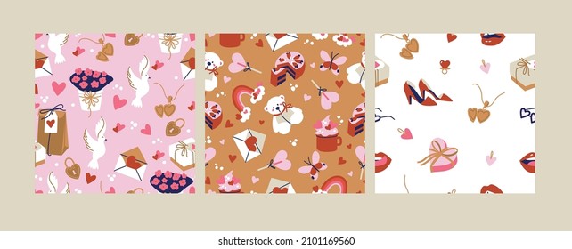 Vector illustration set of cute objects and icons for Valentine s Day. Seamless pattern