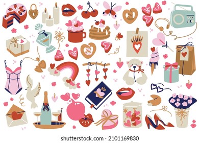 Vector illustration set of cute objects and icons for Valentine s Day cards. Set of romantic symbols of love and relationship