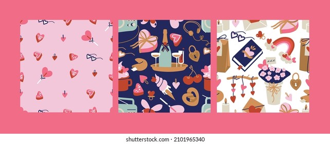 Vector illustration set of cute objects and icons for Valentine s Day. Seamless pattern