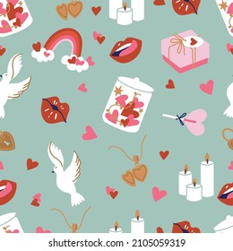 Vector illustration set of cute objects and icons for Valentine s Day. Seamless pattern.