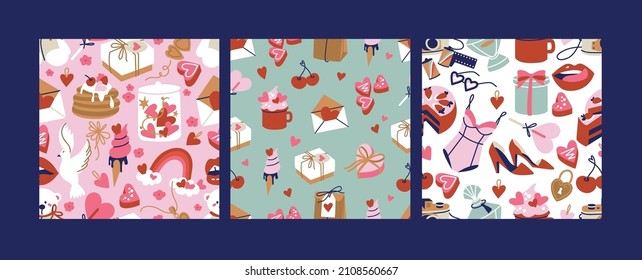 Vector illustration set of cute objects and icons for Valentine s Day. Seamless pattern.