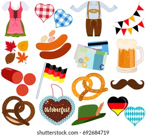 Vector illustration set of cute Octoberfest Oktoberfest Dirndl Lederhosen dress food beverage during party festival on white background