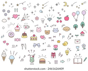 Conjunto de Ilustración vectorial de adornos lindos ilustraciones. Línea concentrada, atención, flecha, flor, dulces, presente, corazón