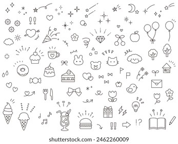 Vector illustration set of cute ornament illustrations. Concentrated line, attention, arrow, flower, sweets, present, heart