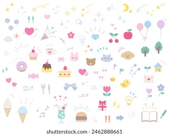 Vector illustration set of cute ornament illustrations. Concentrated line, attention, arrow, flower, sweets, present, heart