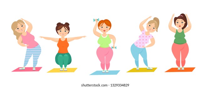 Vector illustration set of cute overweight ladies doing sports, plus size women doing fitness exercise. Fat curvy women, sport and healthy lifestyle concept in flat cartoon style.