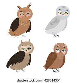 vector illustration. Set of cute owls. snowy, long eared, screech, great horned owls