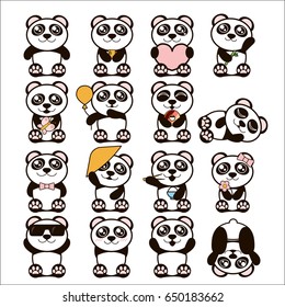 Vector illustration set of cute pandas. Happy panda stickers in flat style.
