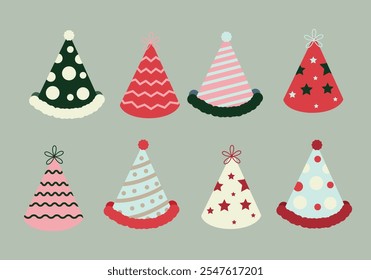 Vector illustration set of cute party hat Christmas season. Party cone and Christmas cap with cute decoration