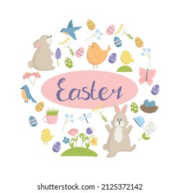Vector illustration set of cute patchwork elements, rabbit, chicken, chickens, easter eggs, spring birds. Elements for banners, greeting cards, flyers