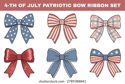 Vector illustration set of cute patriotic ribbon bows in vintage Americana style. Features hand-drawn designs with stars and stripes, plaid, gingham, and lace textures in classic red, white, and blue. Perfect for 4th of July, Independence Day, Memorial Day, and rustic country holiday crafts, scrapbooking, or festive digital designs