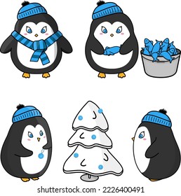 Vector illustration set of cute penguins dressed in a hat and scarf next to a Christmas tree and a bucket of fish hand drawn  in flat style