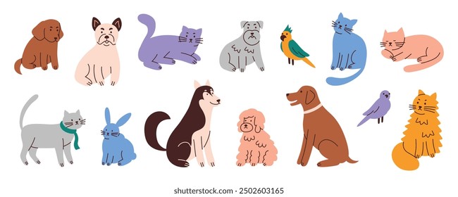 Vektorgrafik von niedlichen Haustieren, Sammlung von Katzen, Hunde, Papageien. Haustiere, Kaninchen-Symbol. Bezaubernder Husky, Bulldog, Schnauzer, Doberman, sibirische Katze. Flacher Cartoon-Stil für die Tierpflege