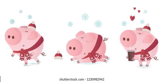 Vector illustration set of a cute pigs in a winter scarf. Greeting illustration. Symbol of winter holidays. Zodiac sign. Perfect for calendar and celebration card.