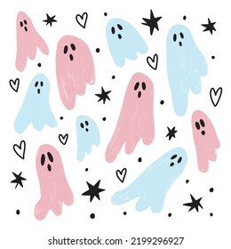 Vector illustration set of cute pink and blue paint textured ghosts figures, doodle stars, hearts and dots. Sweet Halloween clip art element for baby boy and gilrl, children design