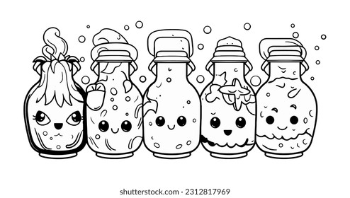 Vector Illustration, Set Illustration of Cute Potion Bottle, lineart
