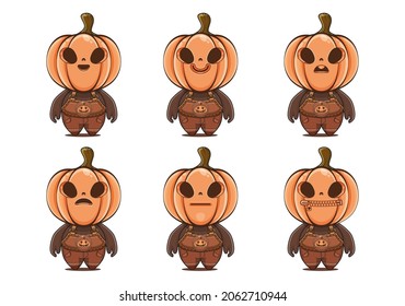 vector illustration set of cute pumpkin faces and bodies, cartoon pumpkin monster, with chibi bodies. kawaii style. pumpkin character with scary costume.