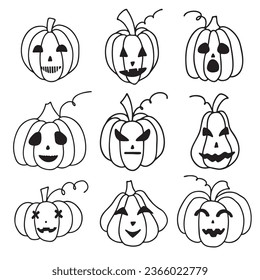 Vector illustration. Set of cute pumpkins of different shapes with faces isolated on white. Hand drawn simple doodle clipart in a trendy style. Halloween theme. For menu, logo, banner, cards, pattern