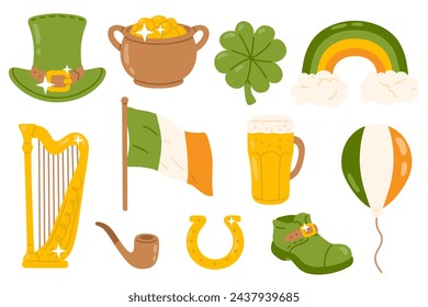 Vector illustration set of cute Saint Patrick objects for digital stamp,greeting card,sticker,icon,design