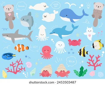 Vector illustration set of cute sea creatures. sea, aquarium